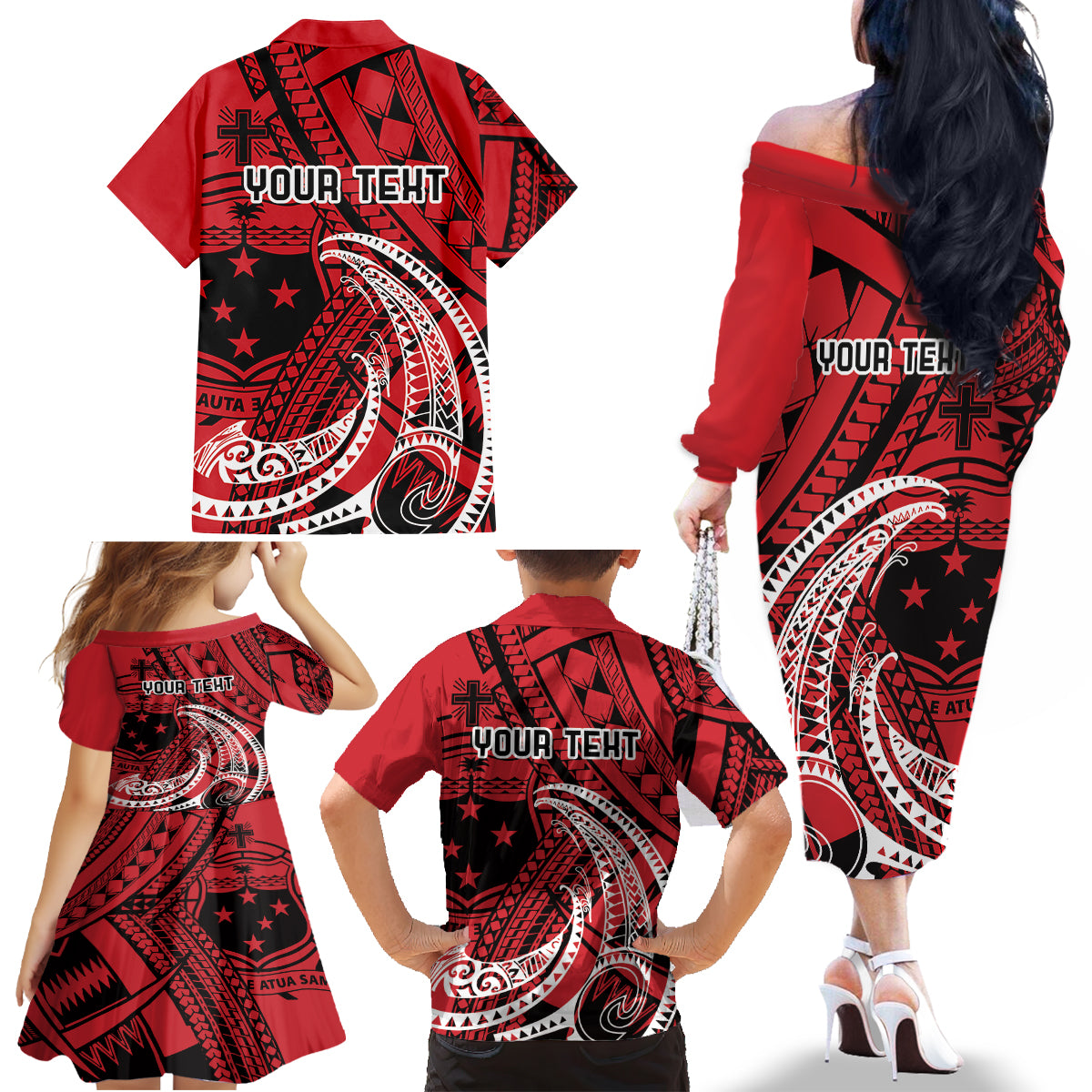 Custom Samoa Manuia le 62 Tausaga O le Tutoatasi Family Matching Off The Shoulder Long Sleeve Dress and Hawaiian Shirt Samoan Tatau Red Art LT9 - Polynesian Pride