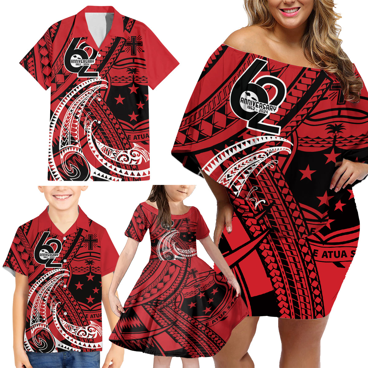 Custom Samoa Manuia le 62 Tausaga O le Tutoatasi Family Matching Off Shoulder Short Dress and Hawaiian Shirt Samoan Tatau Red Art LT9 - Polynesian Pride
