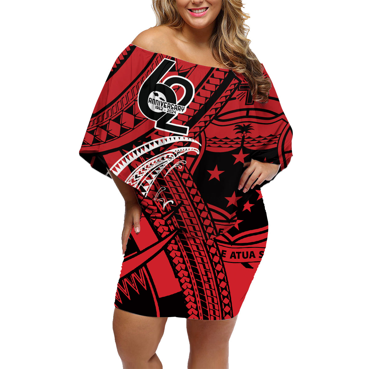 Custom Samoa Manuia le 62 Tausaga O le Tutoatasi Family Matching Off Shoulder Short Dress and Hawaiian Shirt Samoan Tatau Red Art LT9 Mom's Dress Red - Polynesian Pride