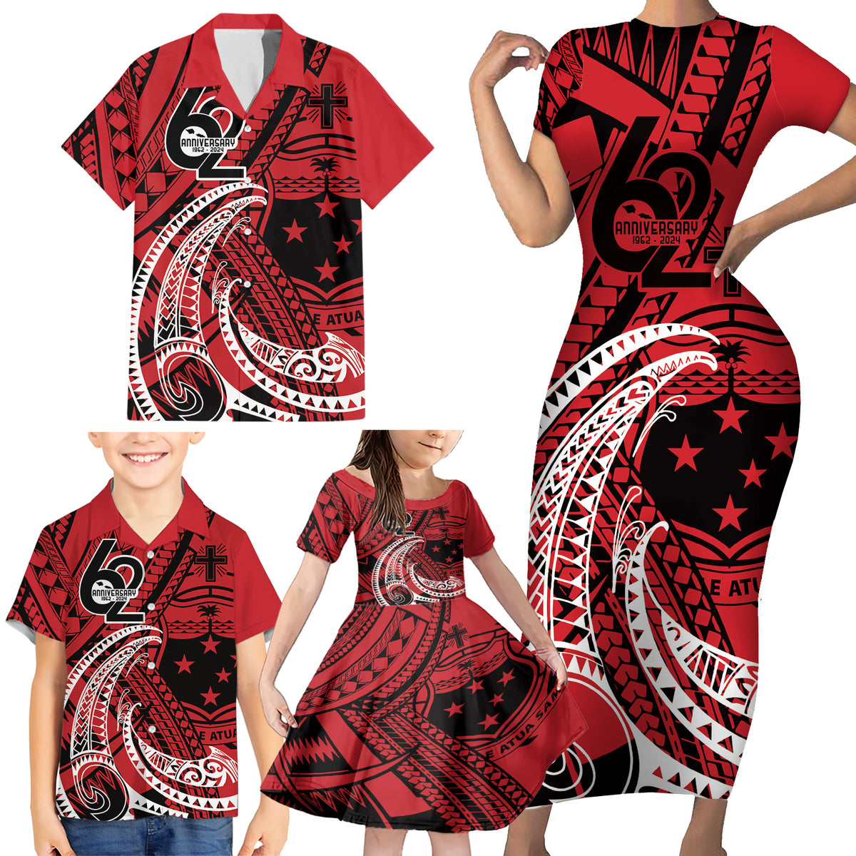 Custom Samoa Manuia le 62 Tausaga O le Tutoatasi Family Matching Short Sleeve Bodycon Dress and Hawaiian Shirt Samoan Tatau Red Art LT9 - Polynesian Pride