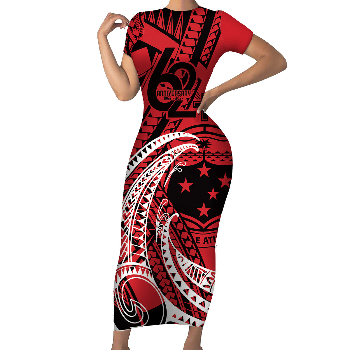 Custom Samoa Manuia le 62 Tausaga O le Tutoatasi Family Matching Short Sleeve Bodycon Dress and Hawaiian Shirt Samoan Tatau Red Art LT9 Mom's Dress Red - Polynesian Pride