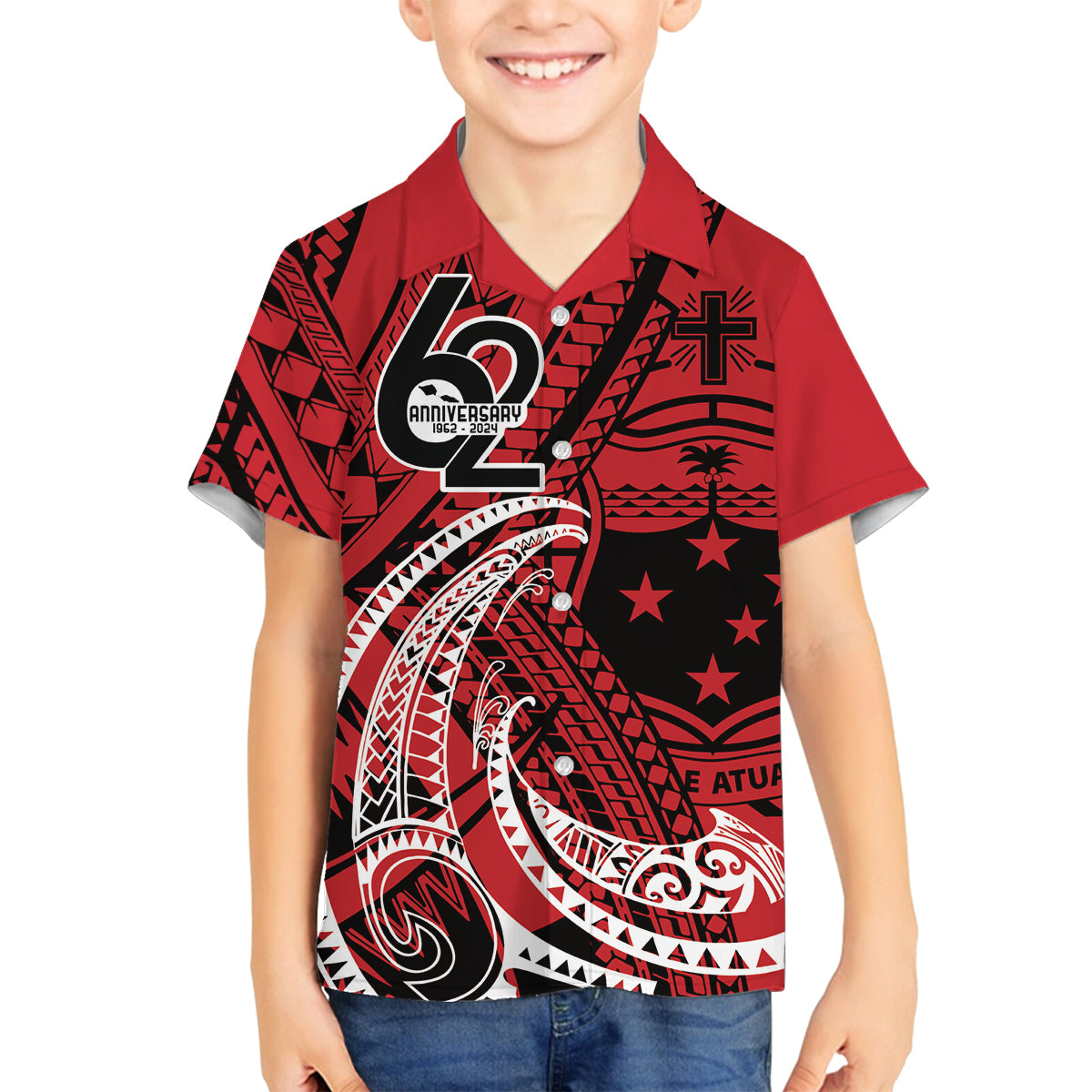 Custom Samoa Manuia le 62 Tausaga O le Tutoatasi Family Matching Summer Maxi Dress and Hawaiian Shirt Samoan Tatau Red Art LT9 Son's Shirt Red - Polynesian Pride