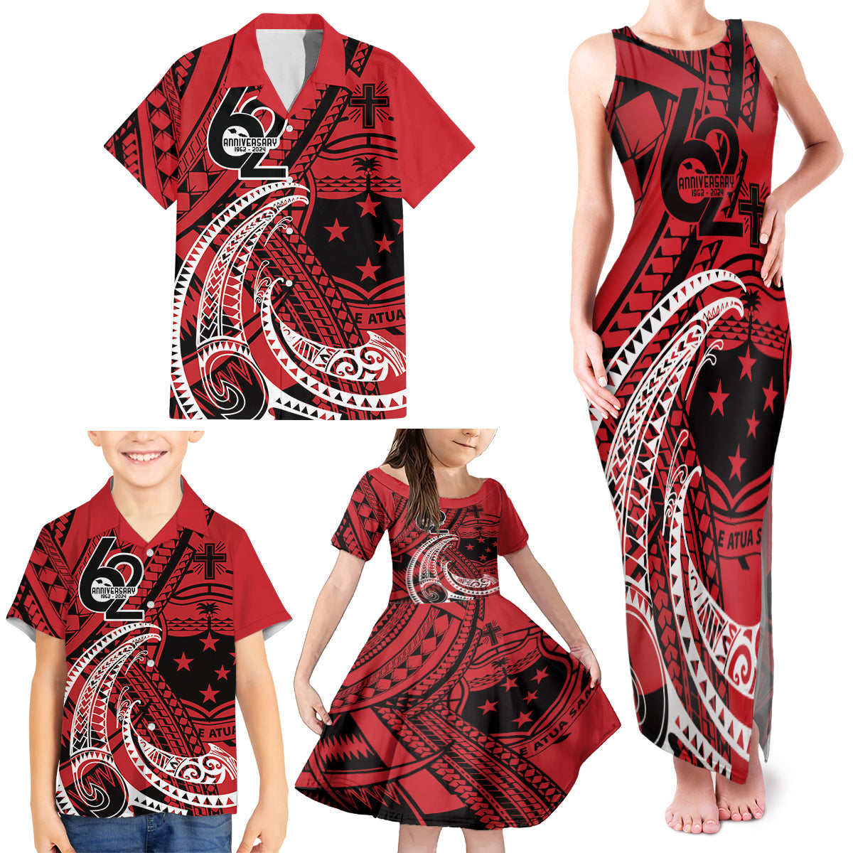 Custom Samoa Manuia le 62 Tausaga O le Tutoatasi Family Matching Tank Maxi Dress and Hawaiian Shirt Samoan Tatau Red Art LT9 - Polynesian Pride