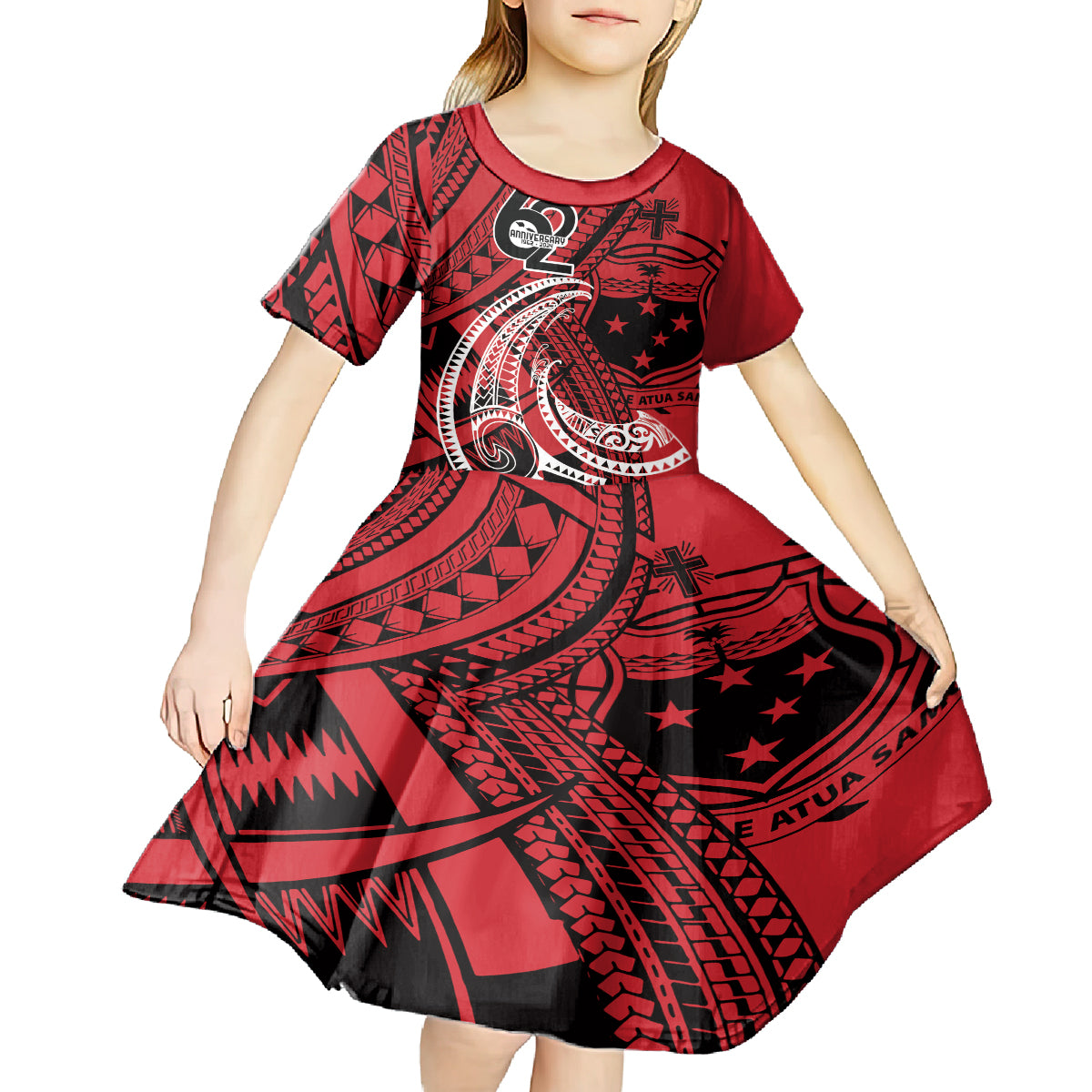 Custom Samoa Manuia le 62 Tausaga O le Tutoatasi Kid Short Sleeve Dress Samoan Tatau Red Art LT9 - Polynesian Pride