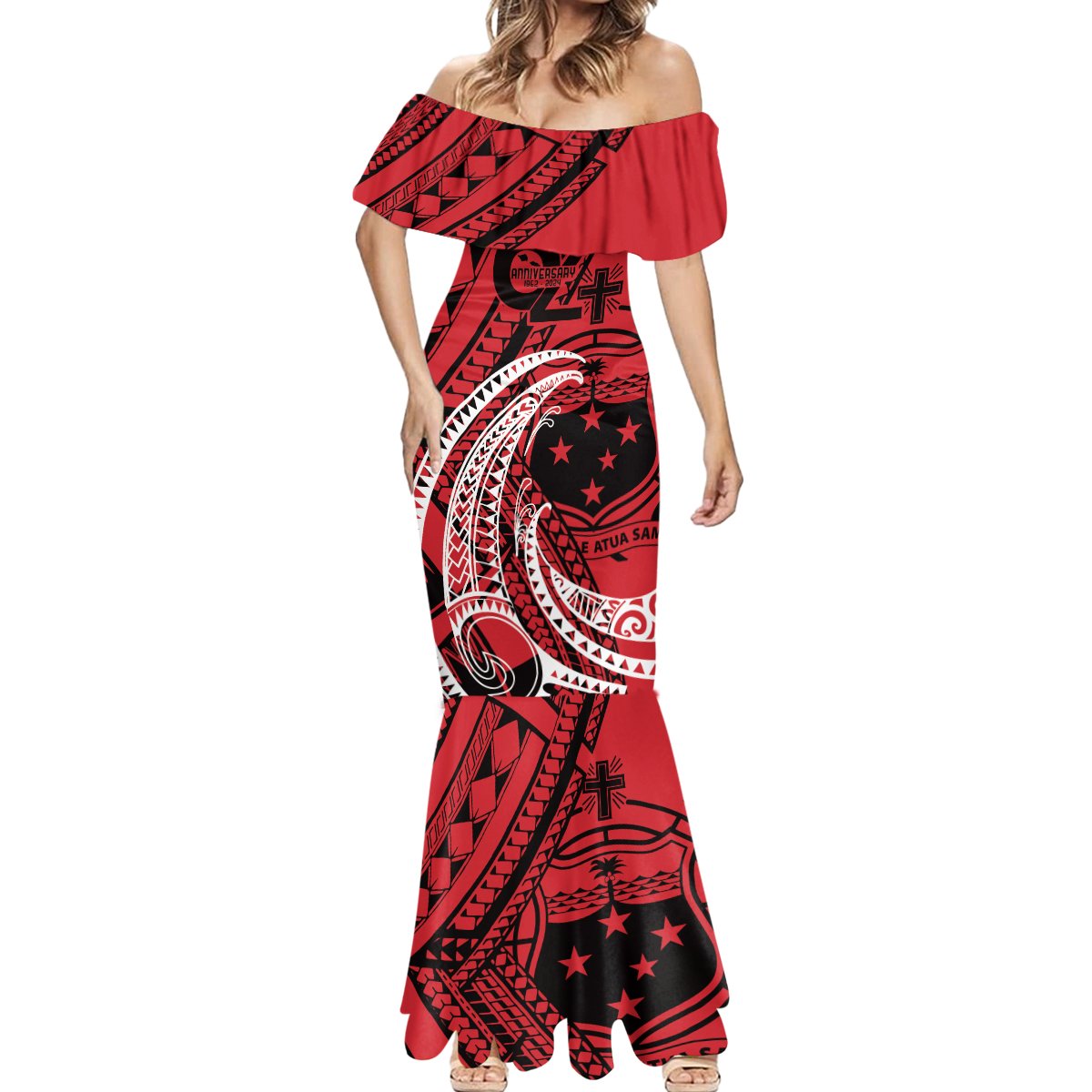 Custom Samoa Manuia le 62 Tausaga O le Tutoatasi Mermaid Dress Samoan Tatau Red Art LT9 - Polynesian Pride