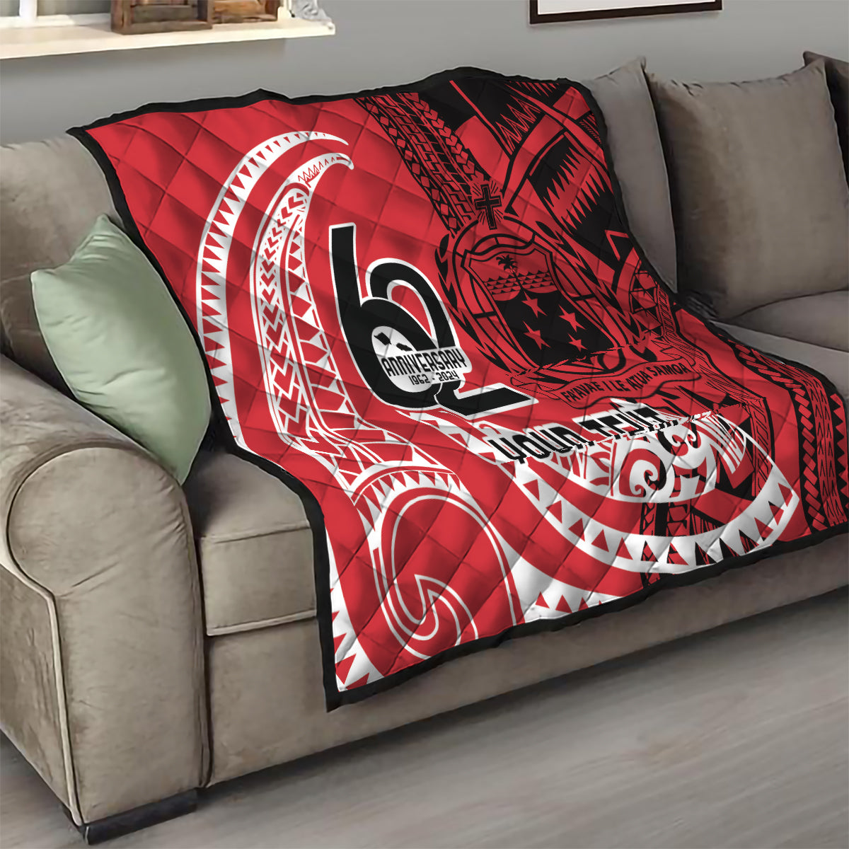 Custom Samoa Manuia le 62 Tausaga O le Tuto’atasi Quilt Samoan Tatau Red Art