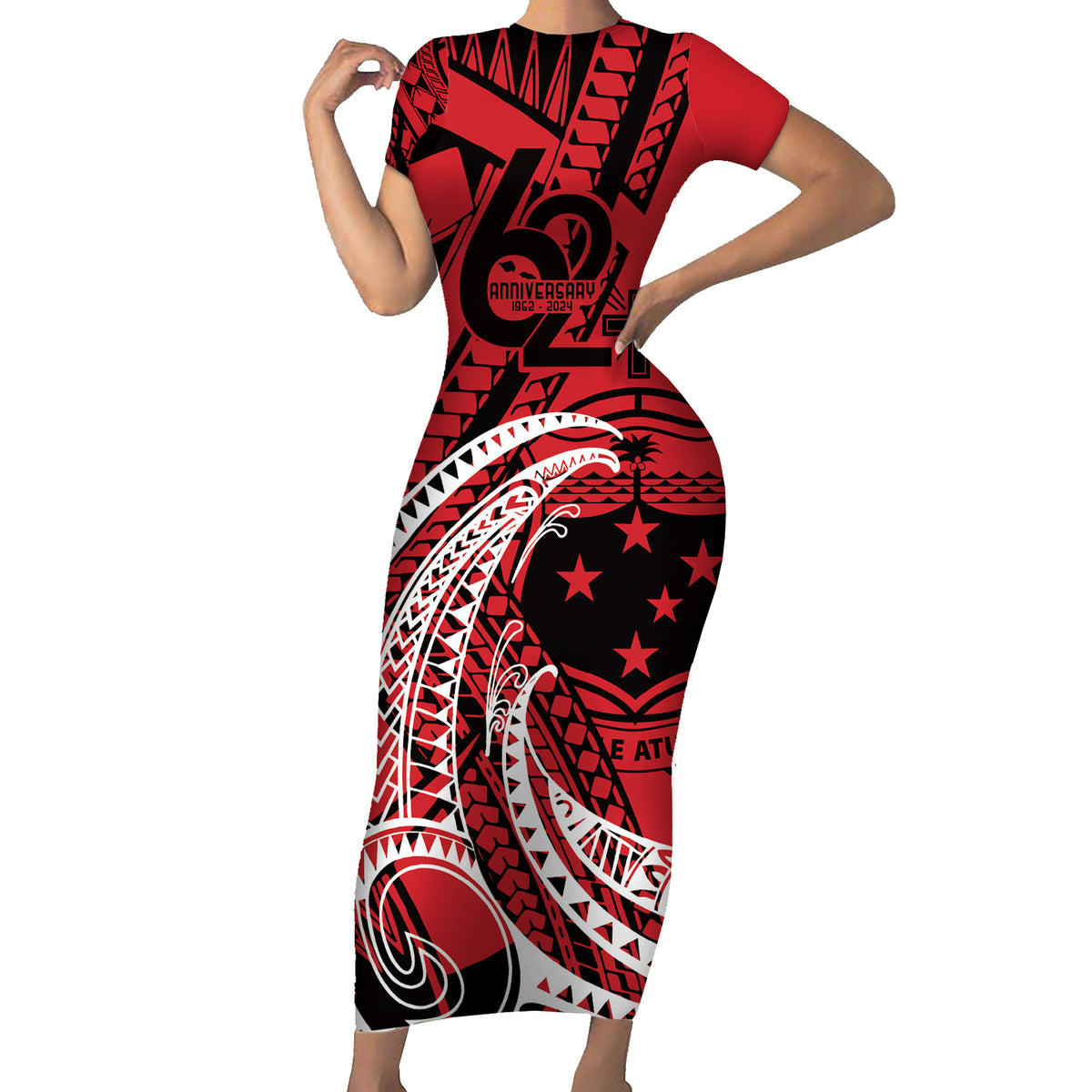 Custom Samoa Manuia le 62 Tausaga O le Tutoatasi Short Sleeve Bodycon Dress Samoan Tatau Red Art LT9 Long Dress Red - Polynesian Pride