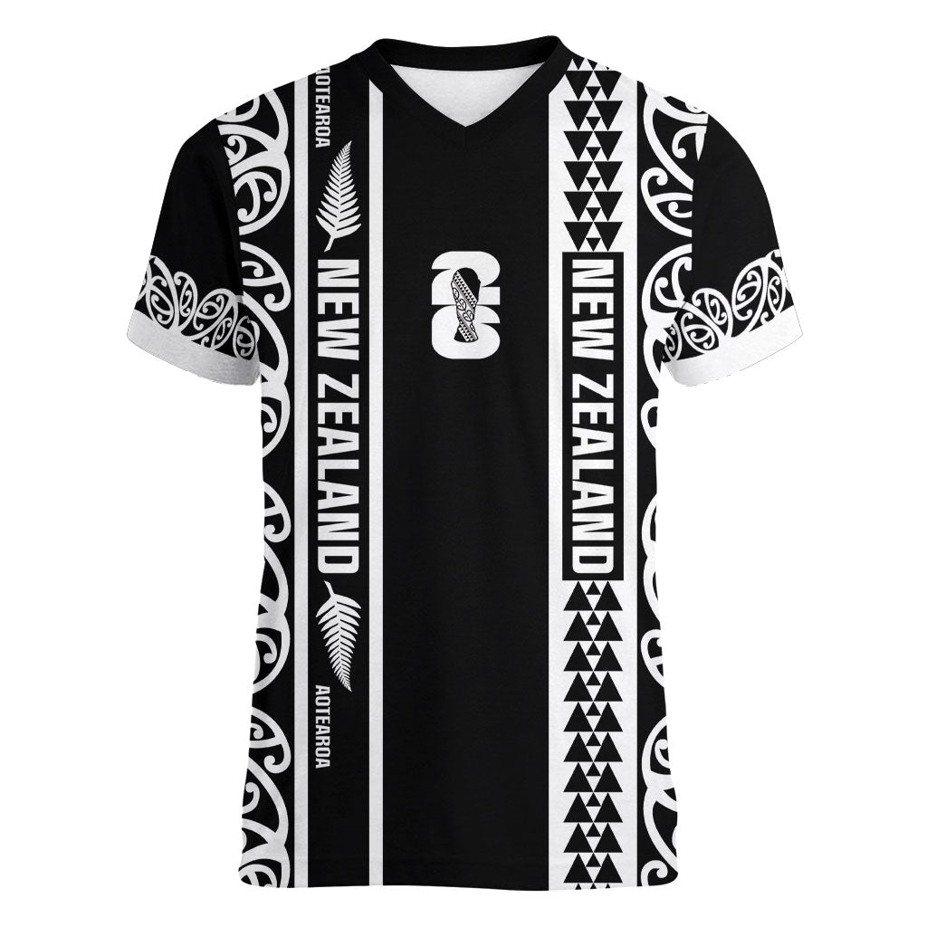 Custom New Zealand Football White Fern Supporter Women V-Neck T-Shirt LT9 Female Black - Polynesian Pride