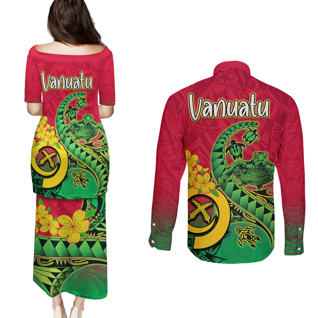 Vanuatu Islands Couples Matching Puletasi Dress and Long Sleeve Button Shirts Polynesian Tattoo and Sea Turtle LT9 - Polynesian Pride