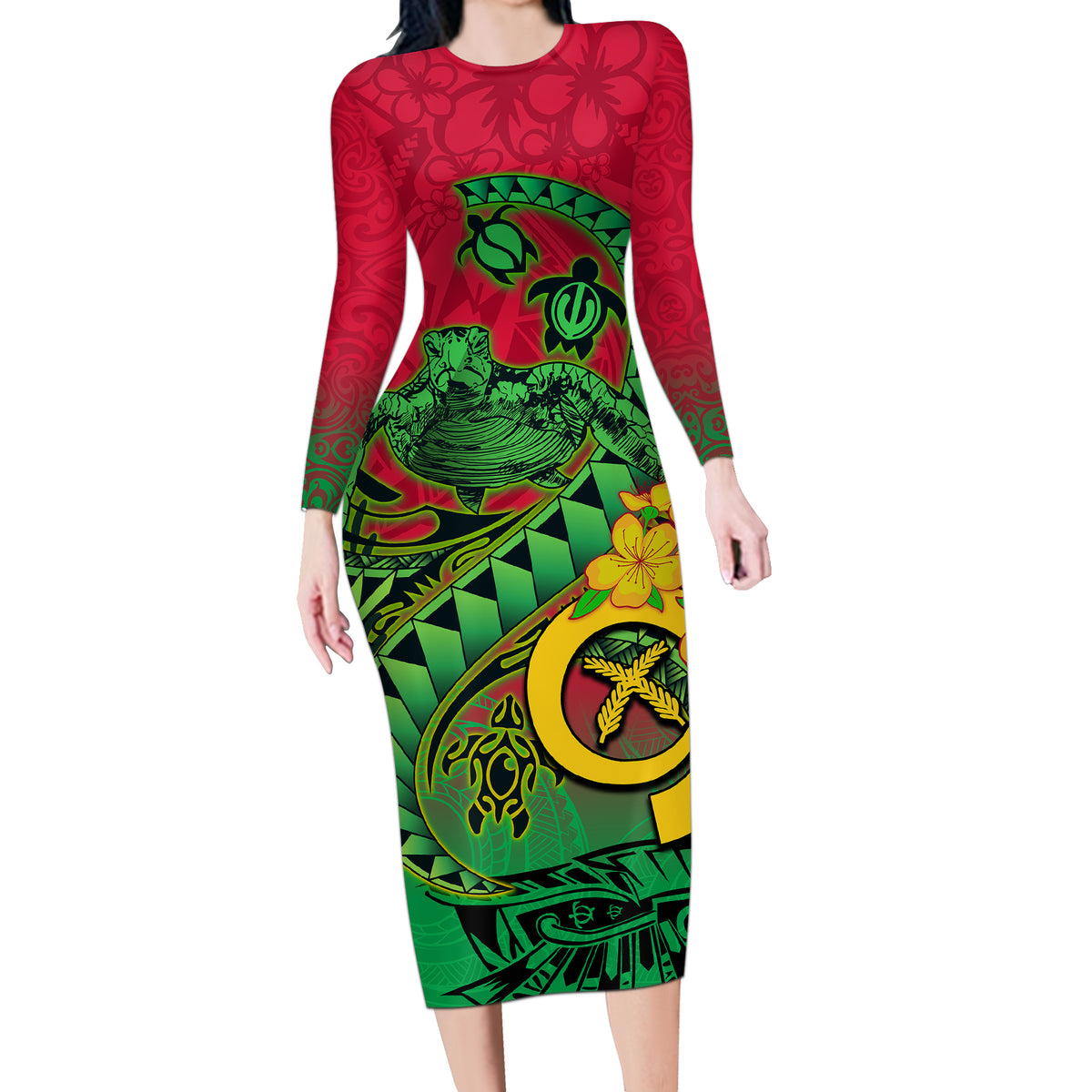 Vanuatu Islands Long Sleeve Bodycon Dress Polynesian Tattoo and Sea Turtle LT9 Long Dress Green - Polynesian Pride