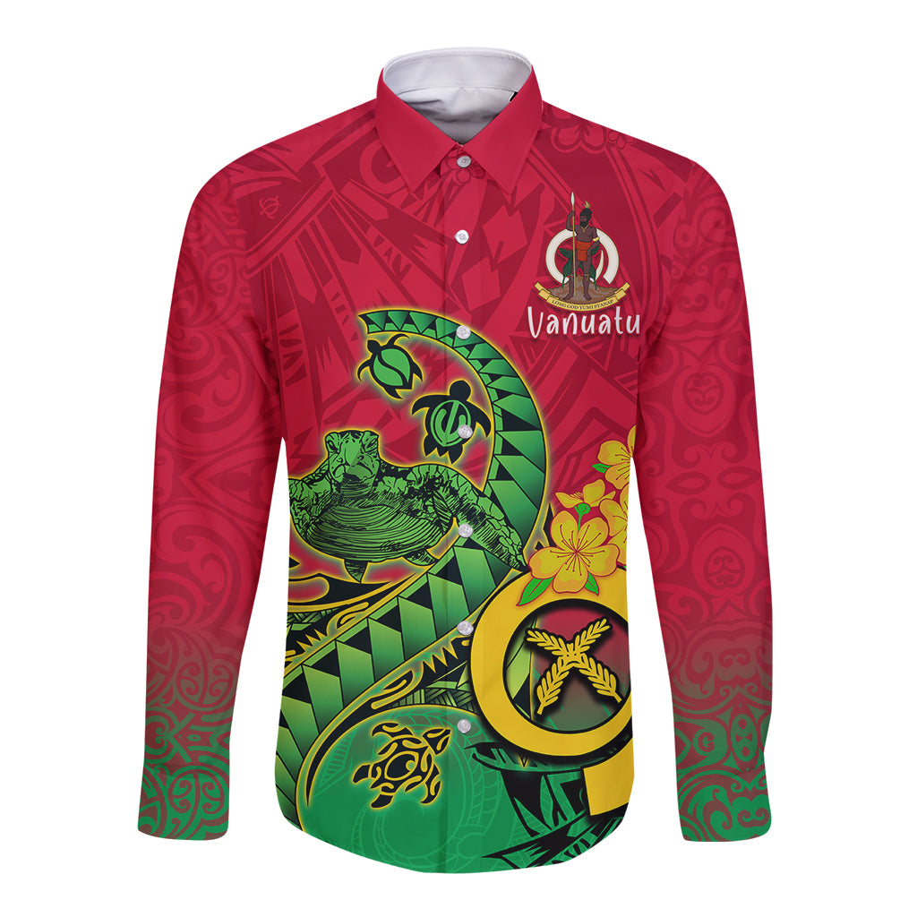 Vanuatu Islands Long Sleeve Button Shirt Polynesian Tattoo and Sea Turtle LT9 Unisex Green - Polynesian Pride
