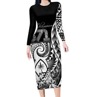 671 Guam Personalised Family Matching Long Sleeve Bodycon Dress and Hawaiian Shirt Latte Stone Tribal LT9 Mom's Dress Black - Polynesian Pride