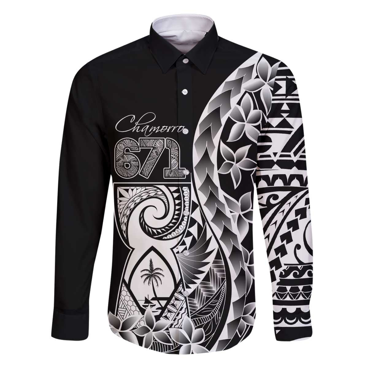 671 Guam Personalised Family Matching Off The Shoulder Long Sleeve Dress and Hawaiian Shirt Latte Stone Tribal LT9 Dad's Shirt - Long Sleeve Black - Polynesian Pride