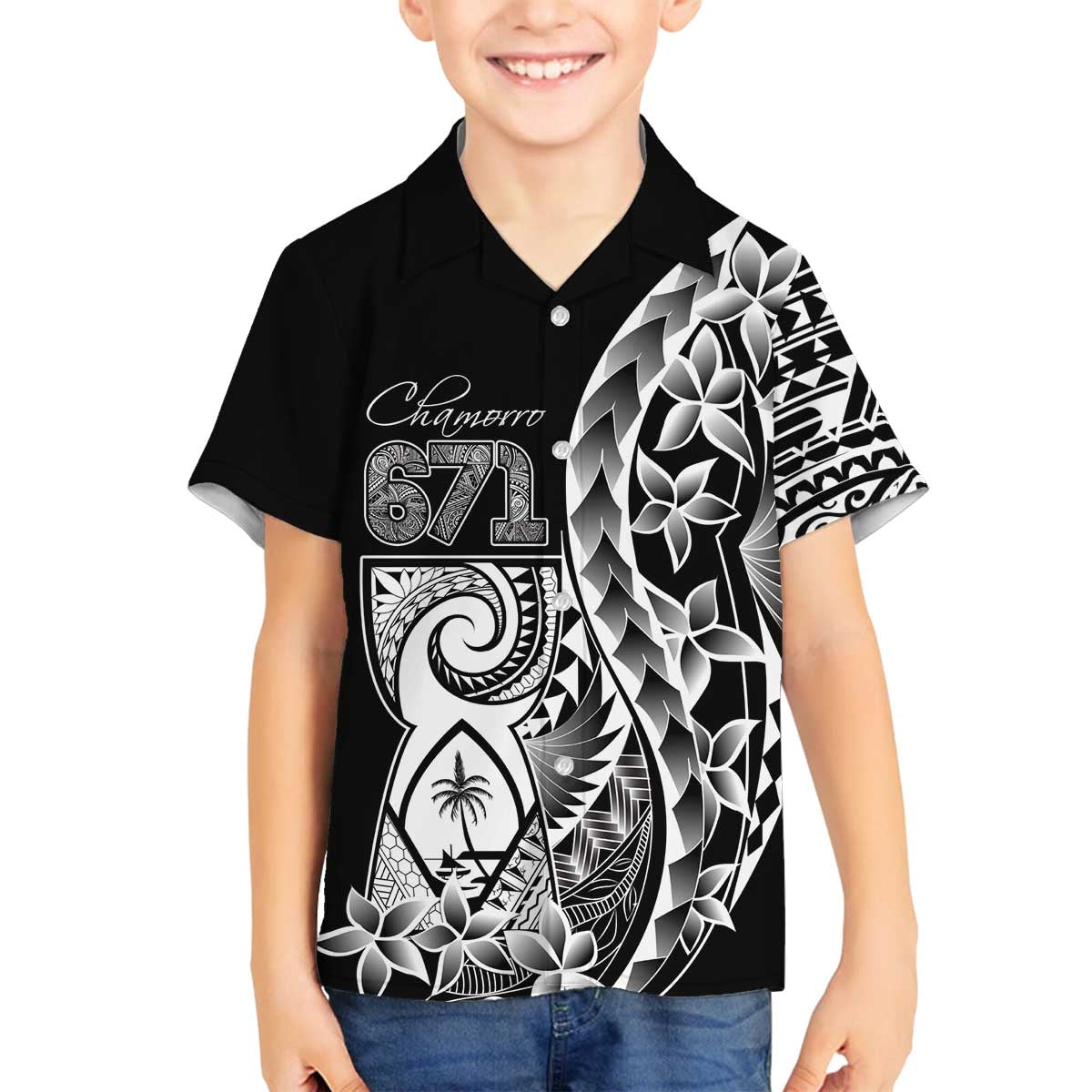 671 Guam Personalised Family Matching Off The Shoulder Long Sleeve Dress and Hawaiian Shirt Latte Stone Tribal LT9 Son's Shirt Black - Polynesian Pride