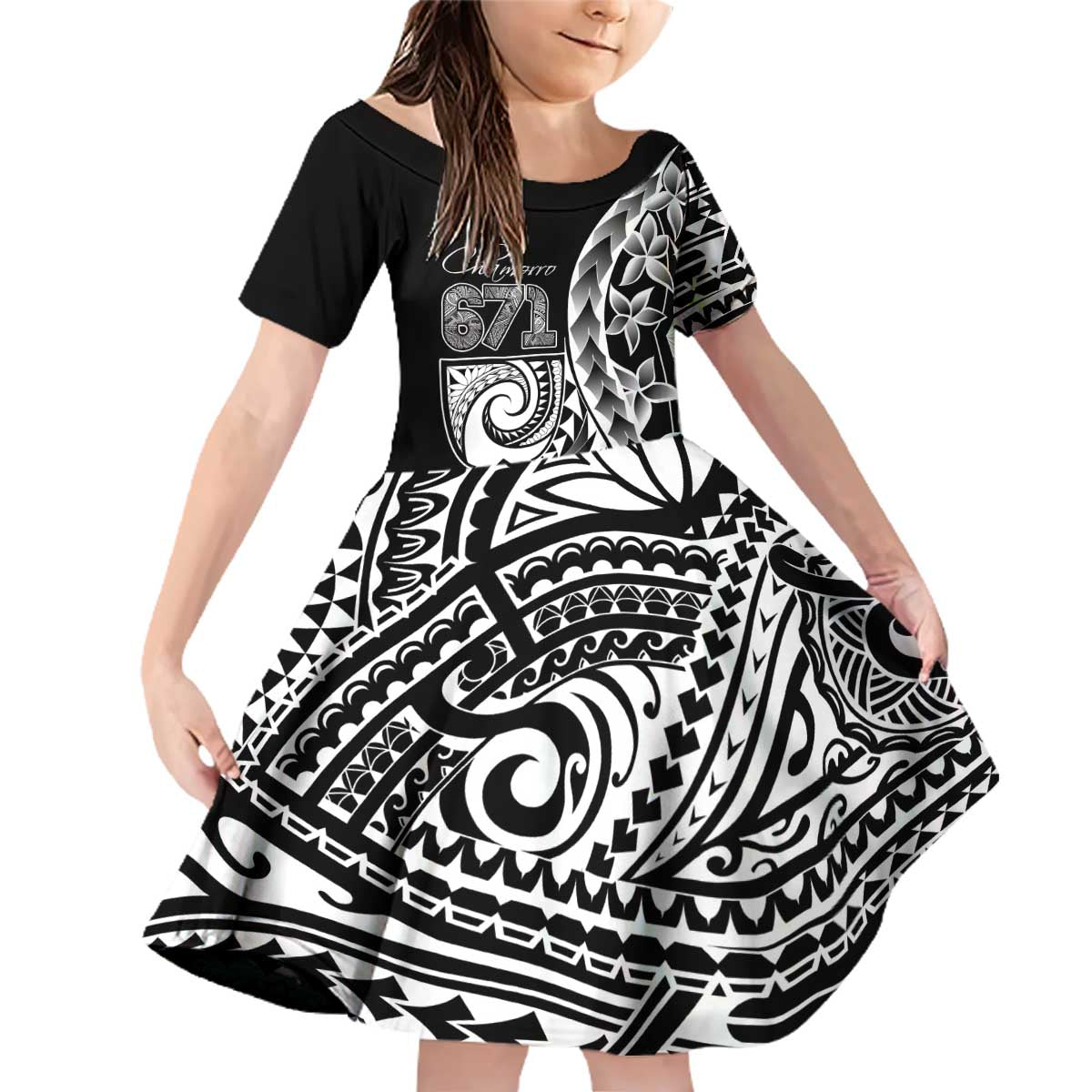 671 Guam Personalised Family Matching Off Shoulder Short Dress and Hawaiian Shirt Latte Stone Tribal LT9 Daughter's Dress Black - Polynesian Pride