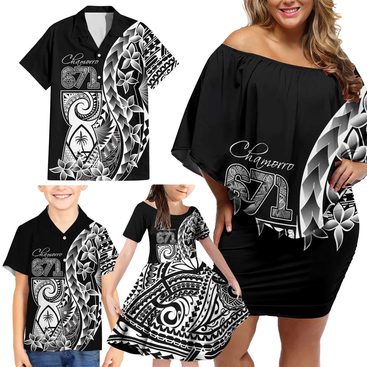 671 Guam Personalised Family Matching Off Shoulder Short Dress and Hawaiian Shirt Latte Stone Tribal LT9 - Polynesian Pride