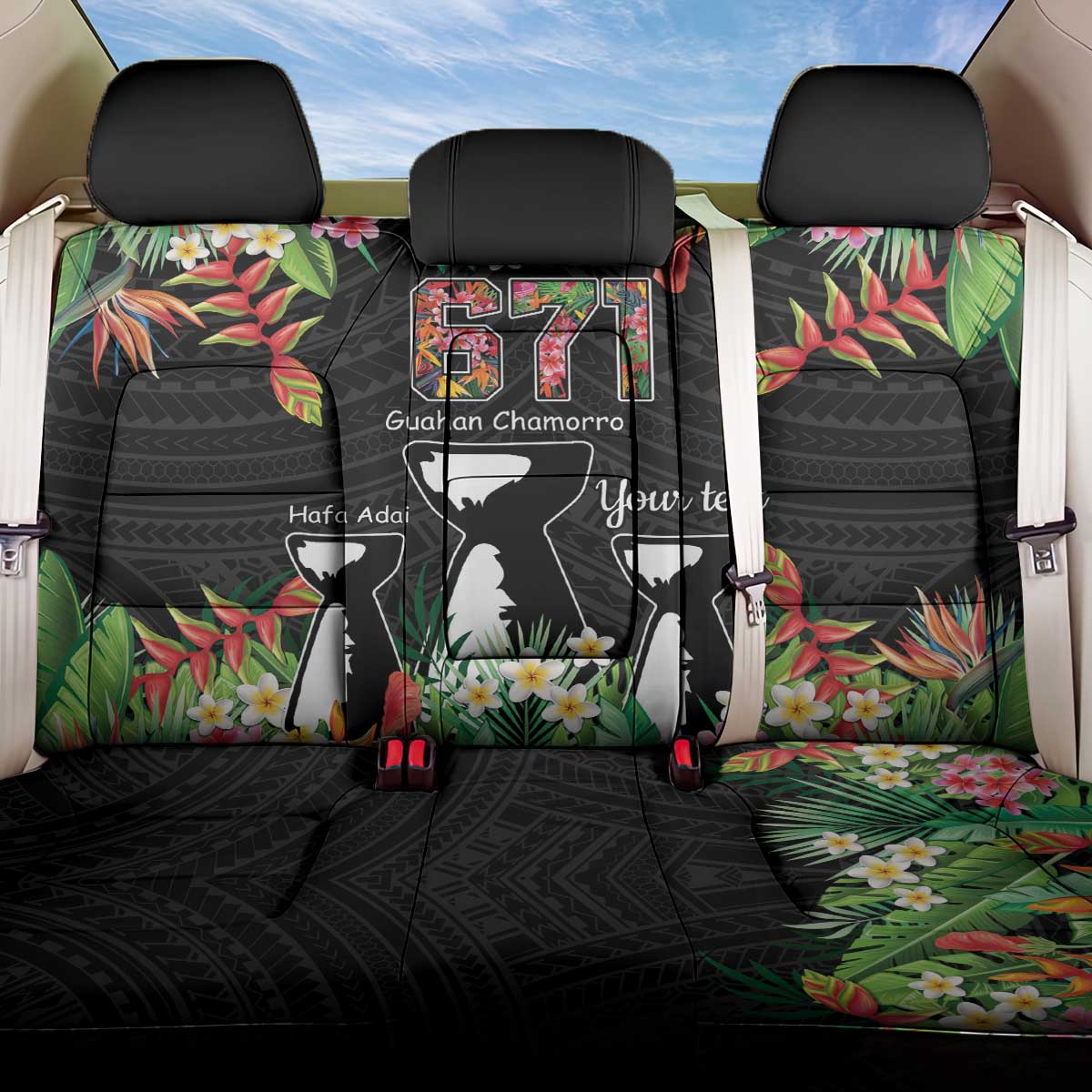 671 Guam Personalised Back Car Seat Cover Latte Stone and Tropical Flowers LT9 One Size Black - Polynesian Pride