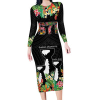 671 Guam Personalised Family Matching Long Sleeve Bodycon Dress and Hawaiian Shirt Latte Stone and Tropical Flowers LT9 Mom's Dress Black - Polynesian Pride