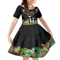 671 Guam Personalised Family Matching Off The Shoulder Long Sleeve Dress and Hawaiian Shirt Latte Stone and Tropical Flowers LT9 Daughter's Dress Black - Polynesian Pride