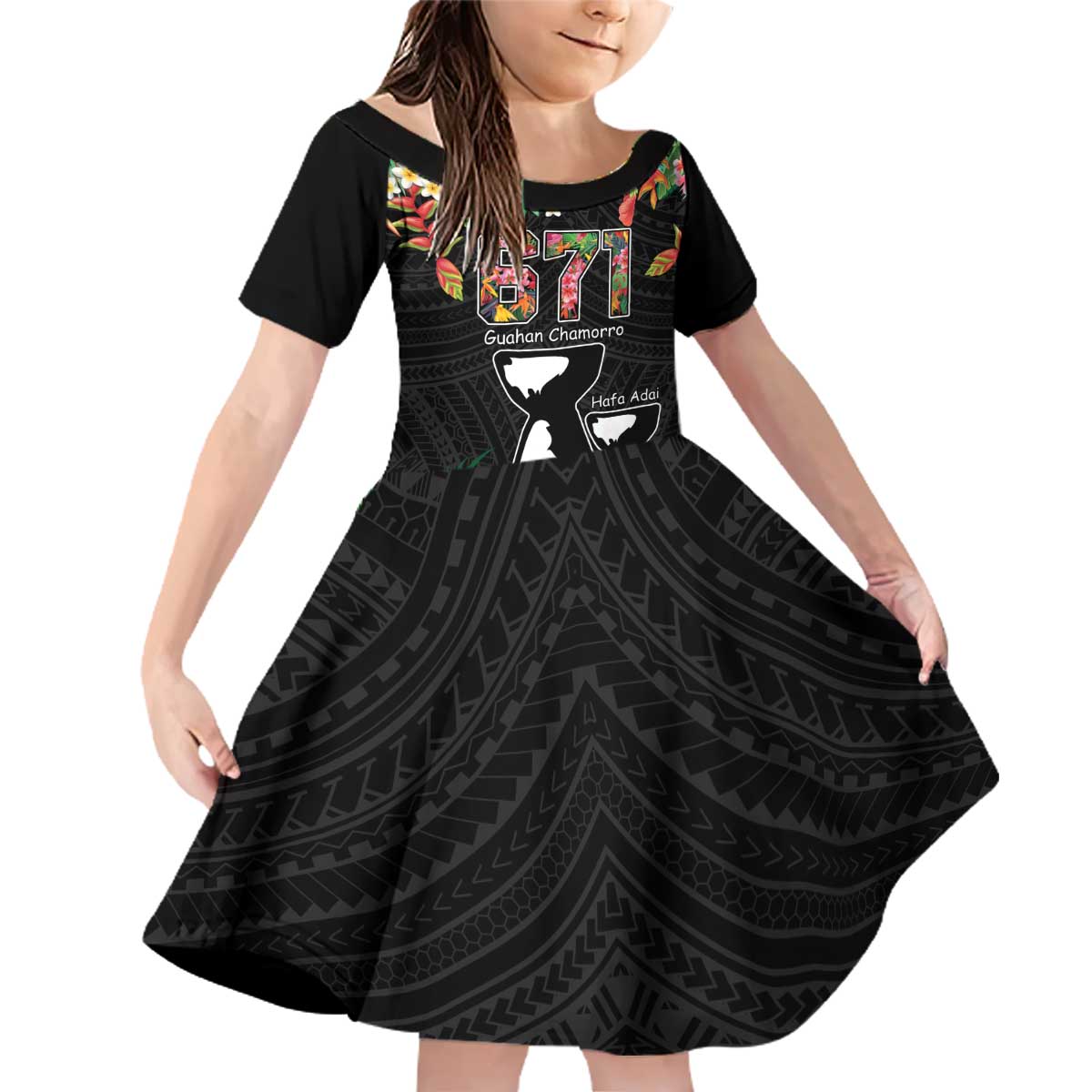 671 Guam Personalised Family Matching Off Shoulder Short Dress and Hawaiian Shirt Latte Stone and Tropical Flowers LT9 Daughter's Dress Black - Polynesian Pride