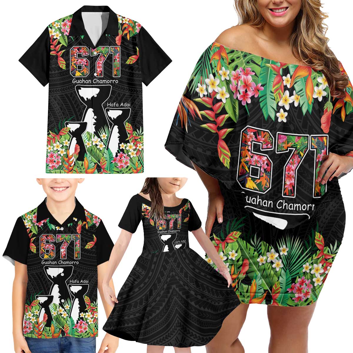 671 Guam Personalised Family Matching Off Shoulder Short Dress and Hawaiian Shirt Latte Stone and Tropical Flowers LT9 - Polynesian Pride