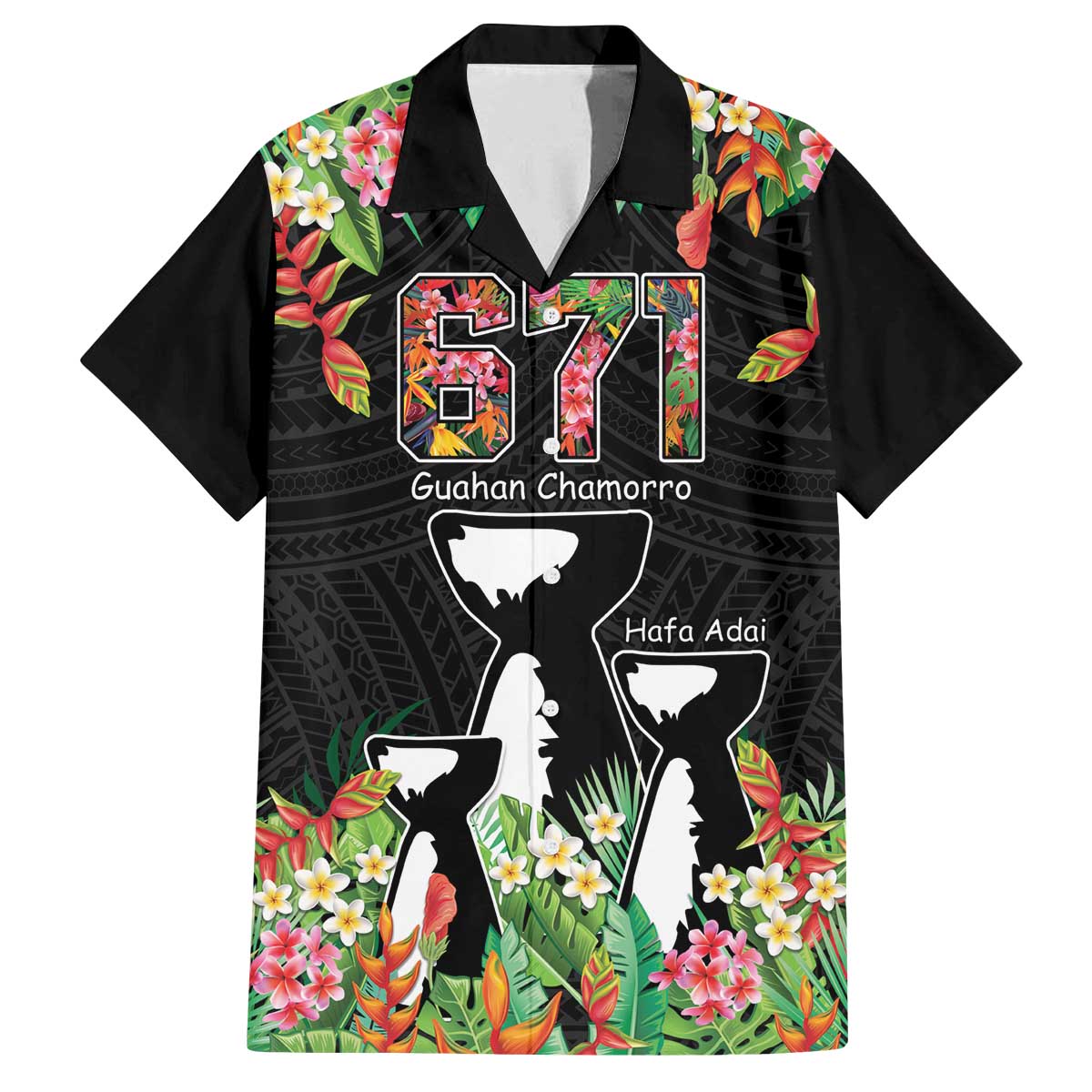 671 Guam Personalised Family Matching Off Shoulder Short Dress and Hawaiian Shirt Latte Stone and Tropical Flowers LT9 Dad's Shirt - Short Sleeve Black - Polynesian Pride