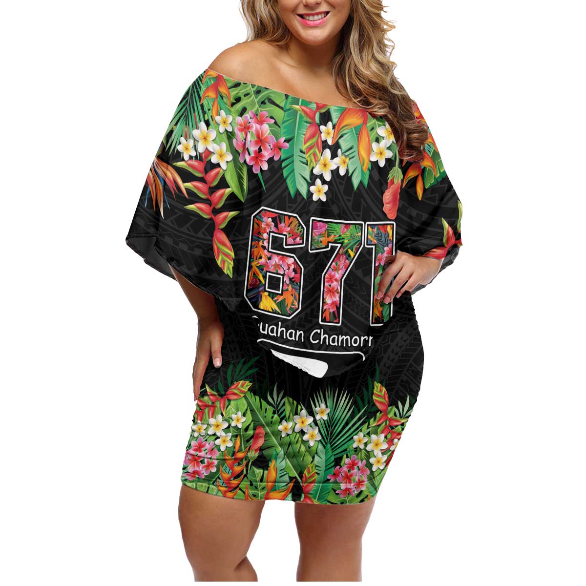 671 Guam Personalised Family Matching Off Shoulder Short Dress and Hawaiian Shirt Latte Stone and Tropical Flowers LT9 Mom's Dress Black - Polynesian Pride