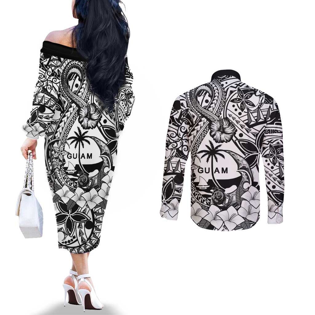 Guam Hafa Adai Guasali Flowers Couples Matching Off The Shoulder Long Sleeve Dress and Long Sleeve Button Shirt