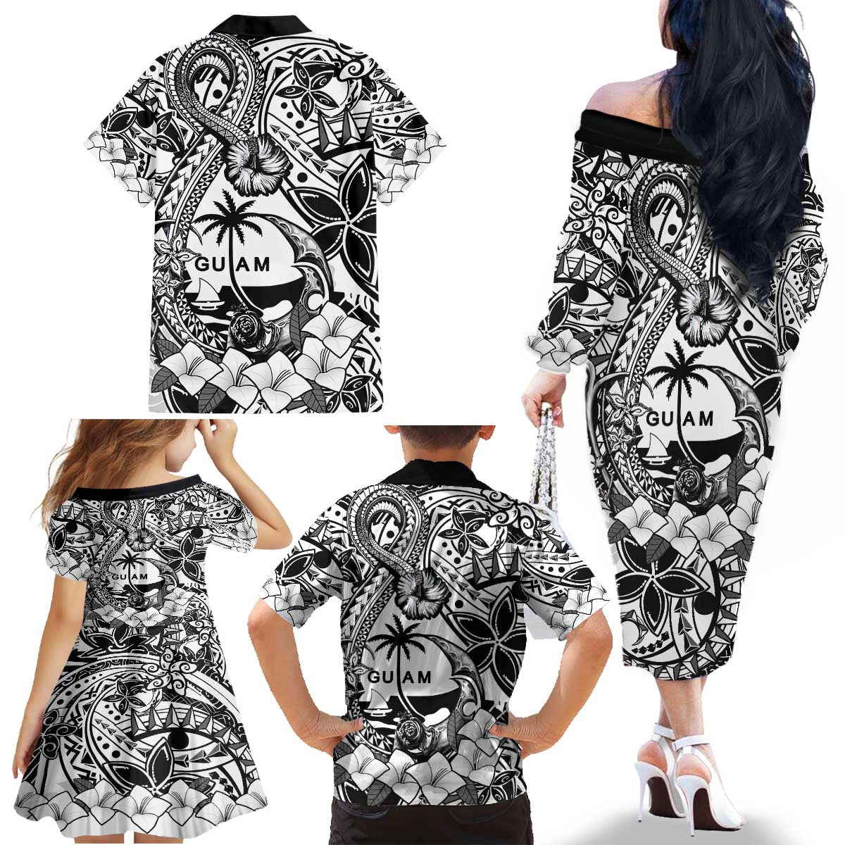 Guam Hafa Adai Guasali Flowers Family Matching Off The Shoulder Long Sleeve Dress and Hawaiian Shirt LT9 - Polynesian Pride
