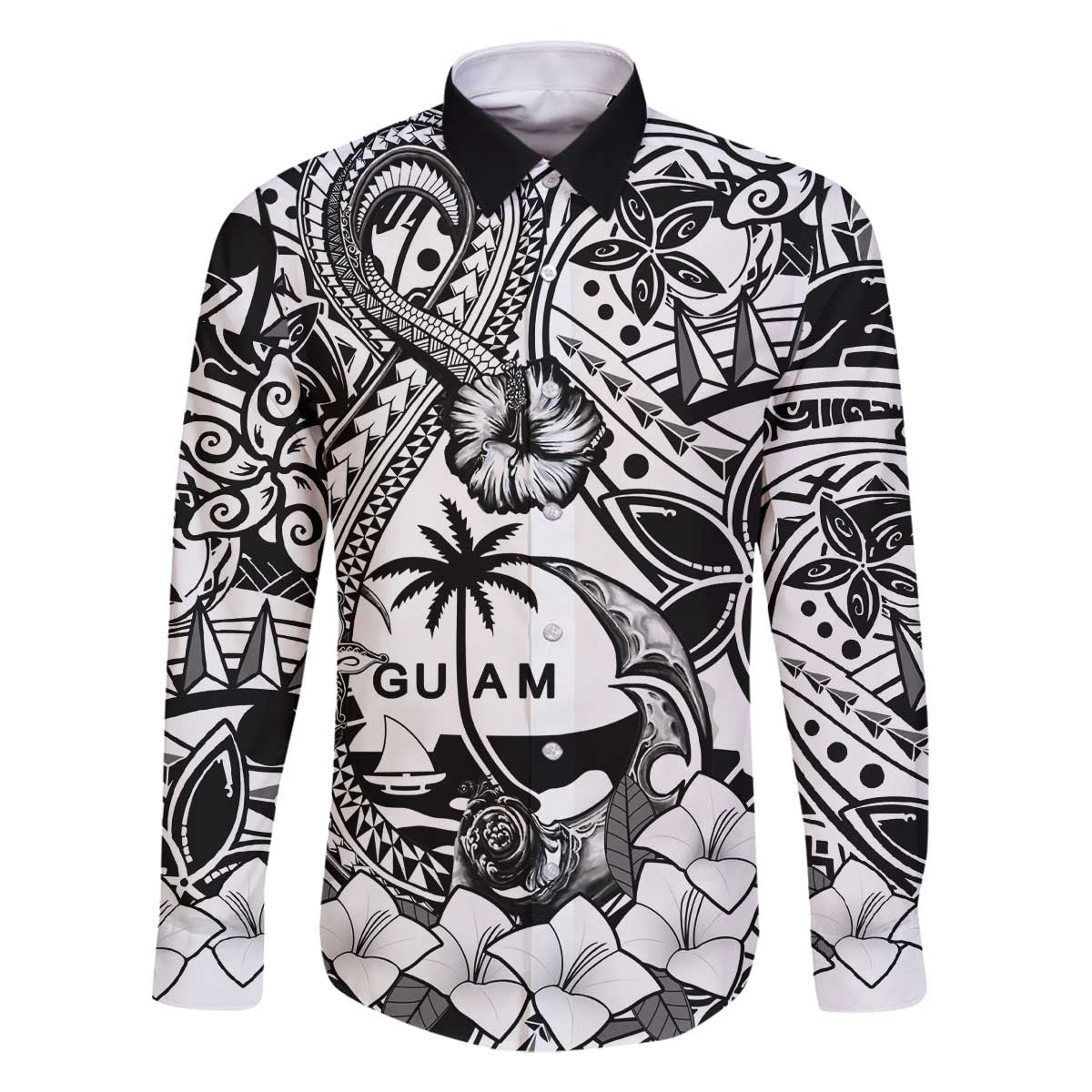 Guam Hafa Adai Guasali Flowers Family Matching Off The Shoulder Long Sleeve Dress and Hawaiian Shirt LT9 Dad's Shirt - Long Sleeve Black - Polynesian Pride