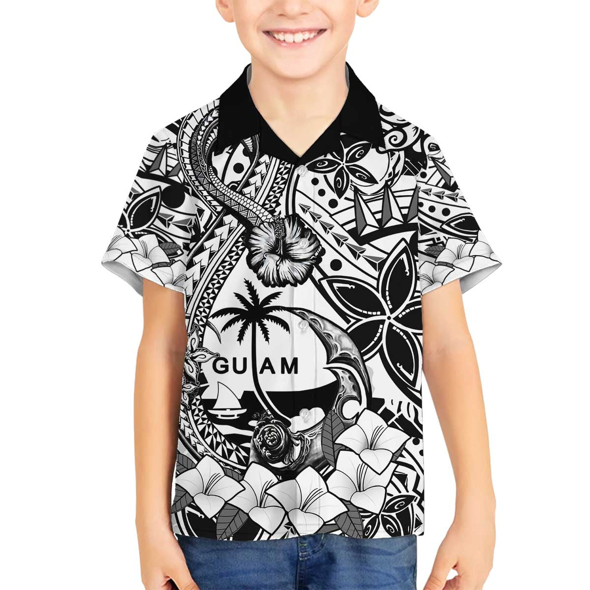 Guam Hafa Adai Guasali Flowers Family Matching Off The Shoulder Long Sleeve Dress and Hawaiian Shirt LT9 Son's Shirt Black - Polynesian Pride