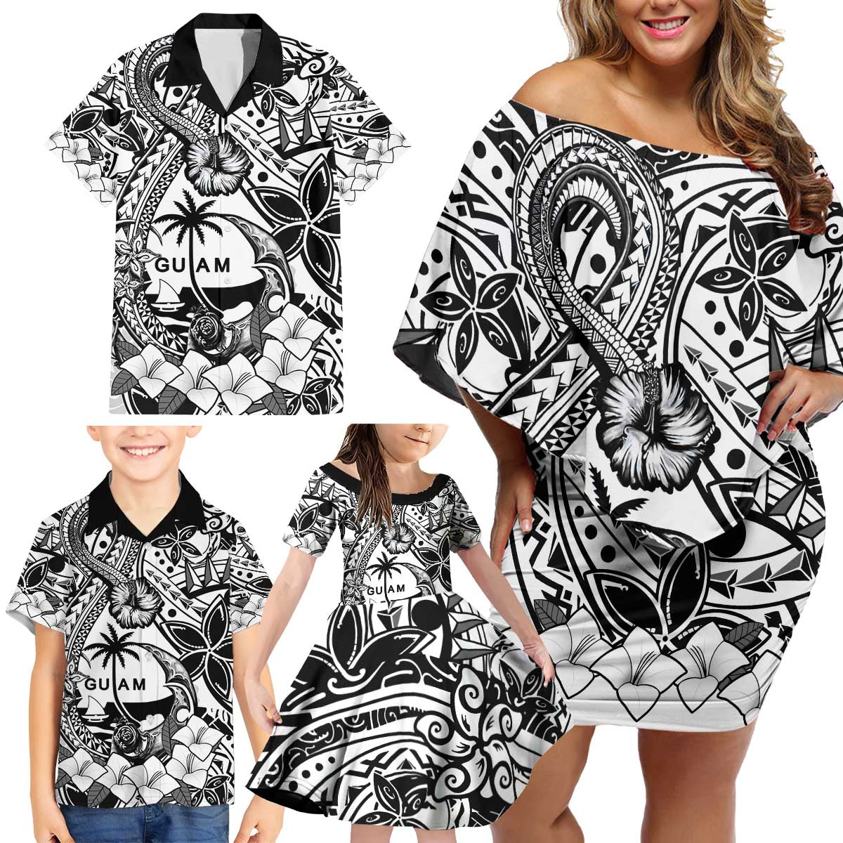 Guam Hafa Adai Guasali Flowers Family Matching Off Shoulder Short Dress and Hawaiian Shirt LT9 - Polynesian Pride