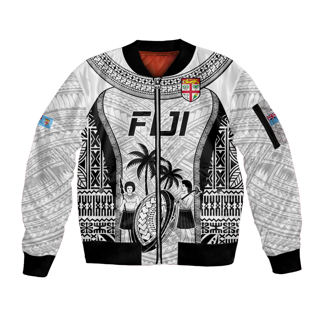 Fiji Rugby Sleeve Zip Bomber Jacket Go Champions World Cup 2023 Tapa Unique White Vibe LT9 Unisex White - Polynesian Pride