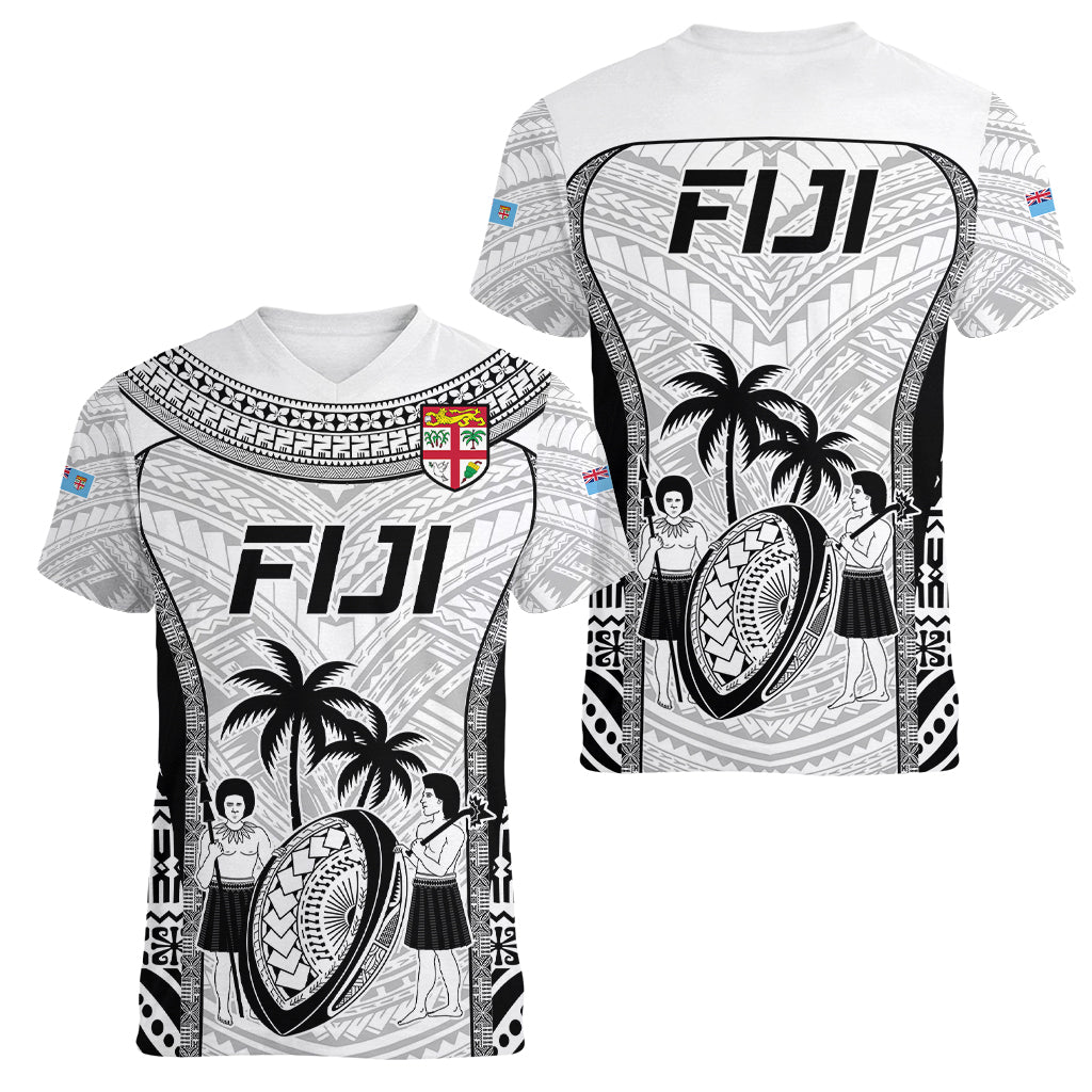 Fiji Rugby Women V Neck T Shirt Go Champions World Cup 2023 Tapa Unique White Vibe LT9 - Polynesian Pride