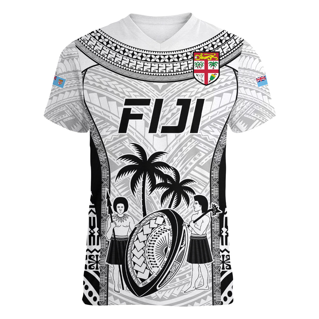 Custom Fiji Rugby Women V Neck T Shirt Go Champions World Cup 2023 Tapa Unique White Vibe LT9 Female White - Polynesian Pride