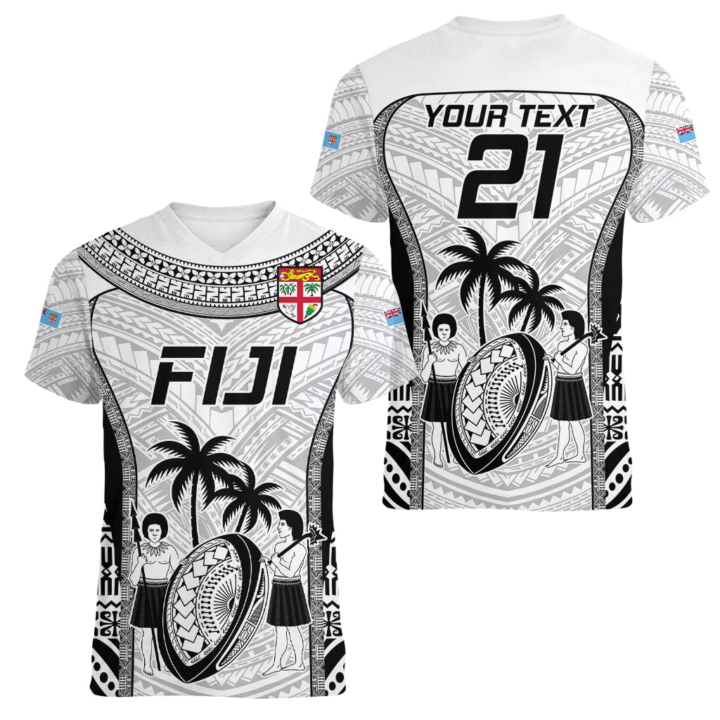 Custom Fiji Rugby Women V Neck T Shirt Go Champions World Cup 2023 Tapa Unique White Vibe LT9 - Polynesian Pride