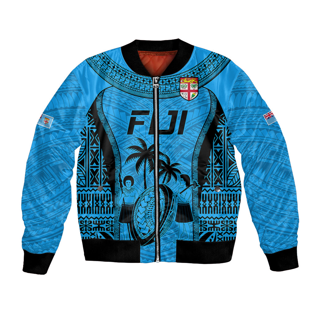 Fiji Rugby Bomber Jacket Go Champions World Cup 2023 Tapa Unique Blue Vibe LT9 Unisex Blue - Polynesian Pride