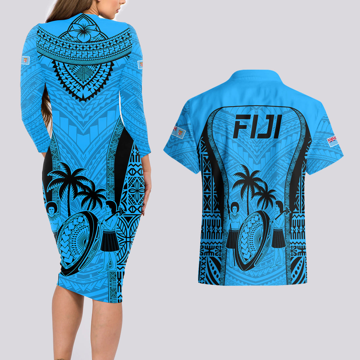 Fiji Rugby Couples Matching Long Sleeve Bodycon Dress and Hawaiian Shirt Go Champions World Cup 2023 Tapa Unique Blue Vibe LT9 - Polynesian Pride