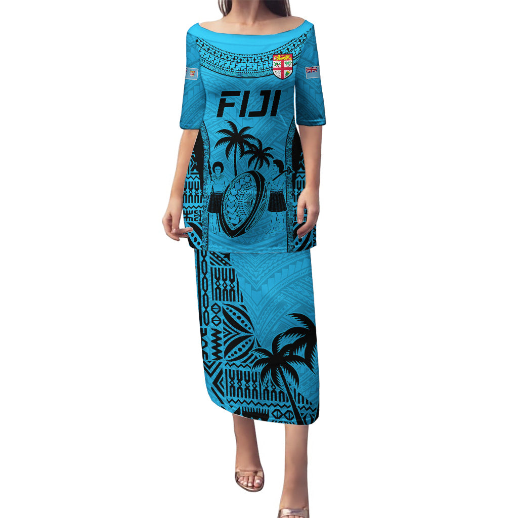 Fiji Rugby Puletasi Go Champions World Cup 2023 Tapa Unique Blue Vibe LT9 Long Dress Blue - Polynesian Pride