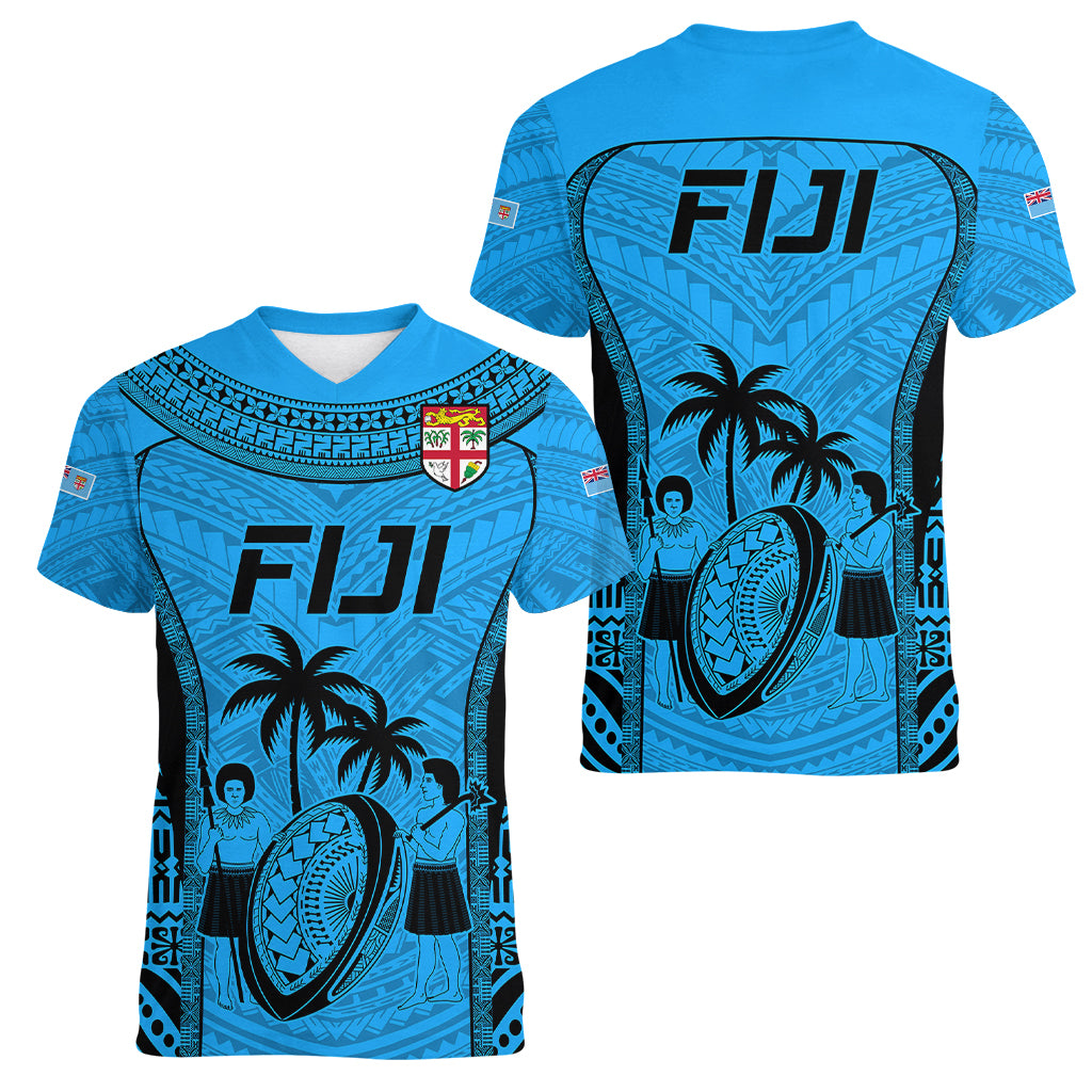 Fiji Rugby Women V Neck T Shirt Go Champions World Cup 2023 Tapa Unique Blue Vibe LT9 - Polynesian Pride