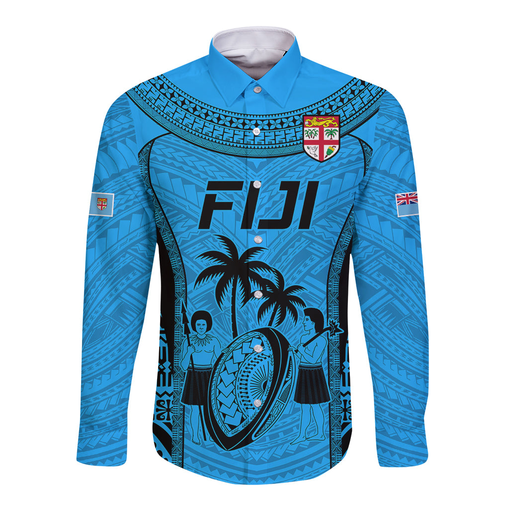 Custom Fiji Rugby Long Sleeve Button Shirt Go Champions World Cup 2023 Tapa Unique Blue Vibe LT9 Unisex Blue - Polynesian Pride