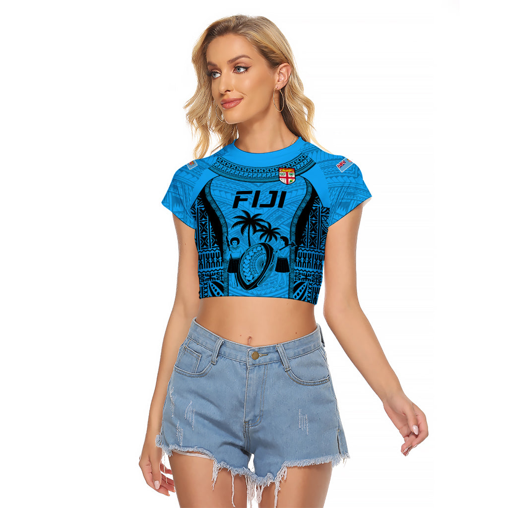 Custom Fiji Rugby Raglan Cropped T Shirt Go Champions World Cup 2023 Tapa Unique Blue Vibe LT9 Female Blue - Polynesian Pride