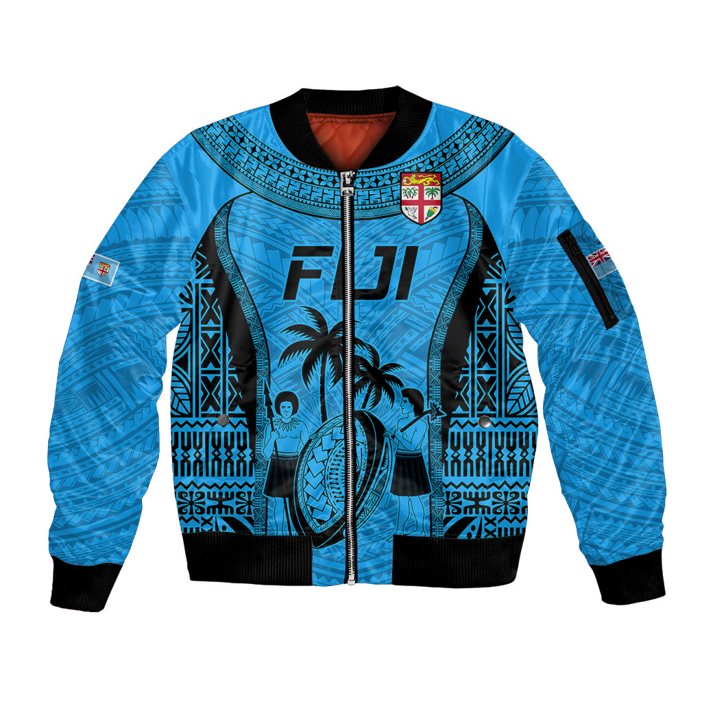 Custom Fiji Rugby Sleeve Zip Bomber Jacket Go Champions World Cup 2023 Tapa Unique Blue Vibe LT9 Unisex Blue - Polynesian Pride