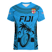Custom Fiji Rugby Women V Neck T Shirt Go Champions World Cup 2023 Tapa Unique Blue Vibe LT9 Female Blue - Polynesian Pride