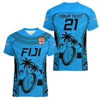 Custom Fiji Rugby Women V Neck T Shirt Go Champions World Cup 2023 Tapa Unique Blue Vibe LT9 - Polynesian Pride