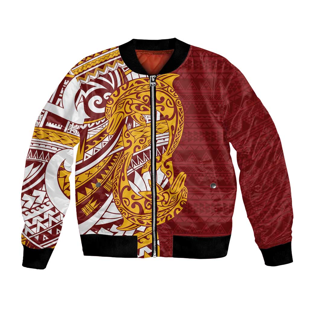 Couple Dolphins Maori Motif Bomber Jacket LT9 Unisex Burgundy - Polynesian Pride