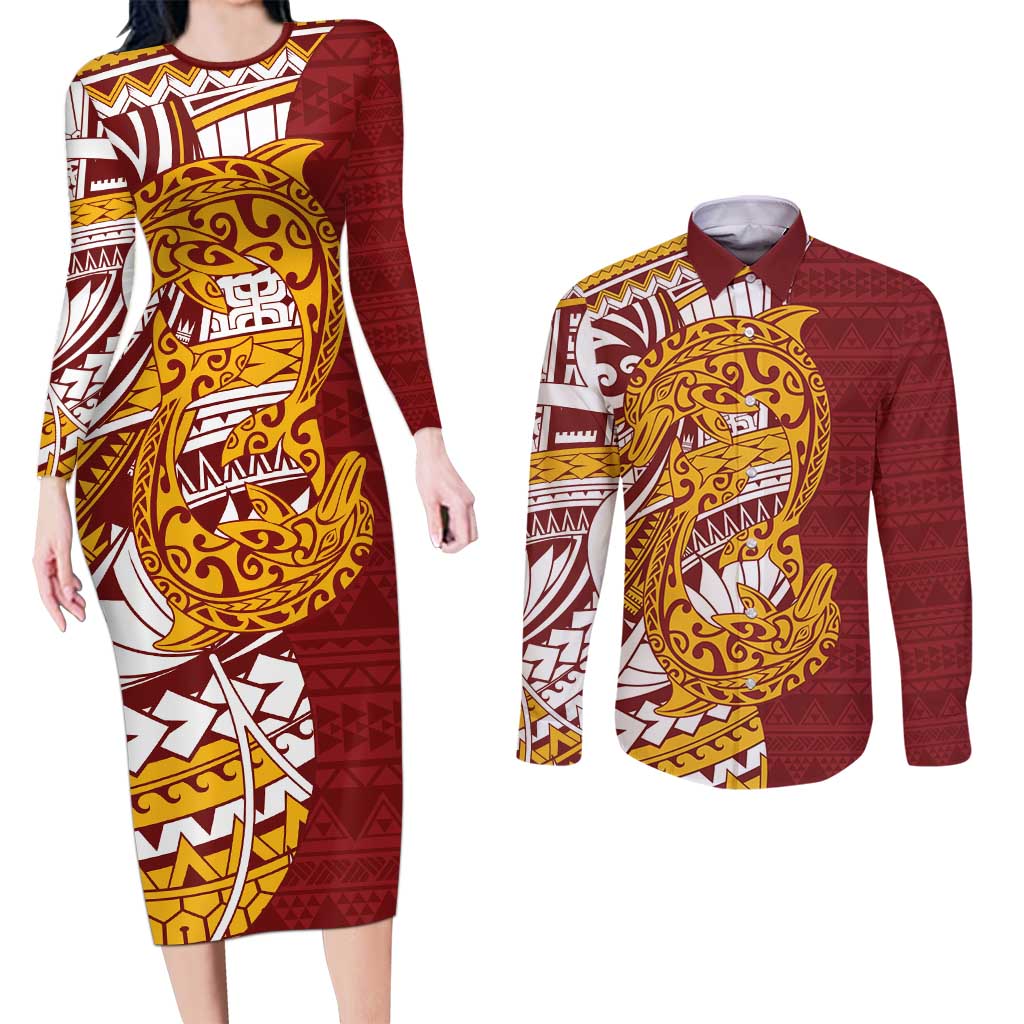 Couple Dolphins Maori Motif Couples Matching Long Sleeve Bodycon Dress and Long Sleeve Button Shirt - Polynesian Pride