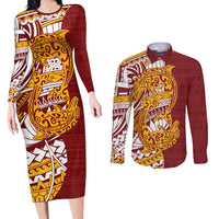 Couple Dolphins Maori Motif Couples Matching Long Sleeve Bodycon Dress and Long Sleeve Button Shirt - Polynesian Pride