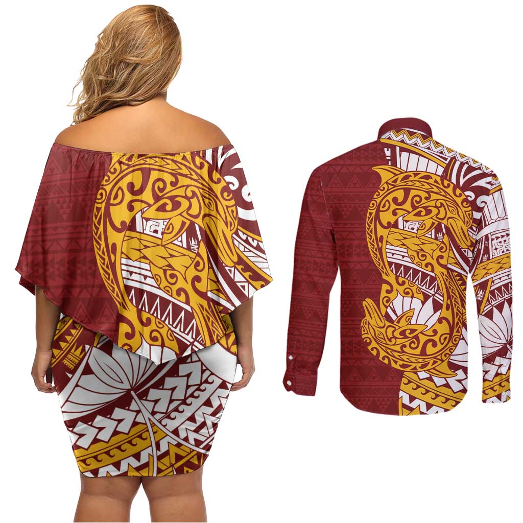 Couple Dolphins Maori Motif Couples Matching Off Shoulder Short Dress and Long Sleeve Button Shirt - Polynesian Pride