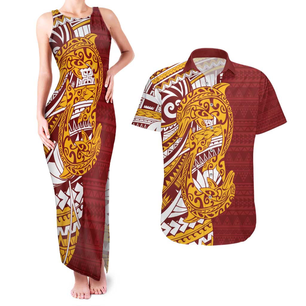 Couple Dolphins Maori Motif Couples Matching Tank Maxi Dress and Hawaiian Shirt - Polynesian Pride